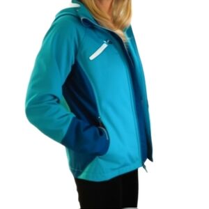 Free Tech Womans Colorblock Green Blue Hooded Full Zip Activewear Jacket Sz S